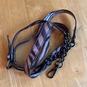 Brown pink grey color with black tone hardware 48-52” strap for bag in good cond